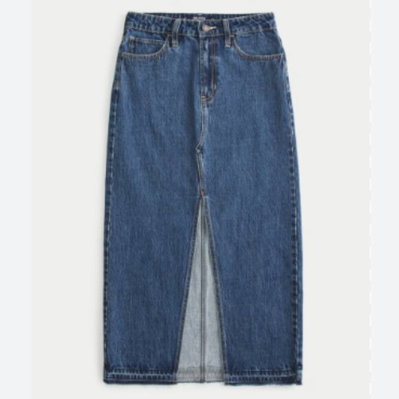 Hollister Dark Wash Denim Midi Skirt with Center Slit (NWT) - Picture 1 of 8